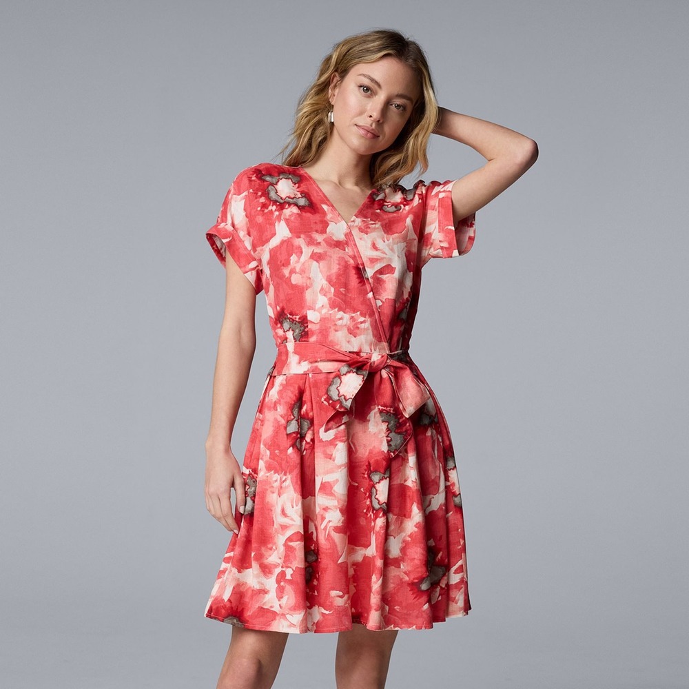 NWD Simply Vera Wang Coral Floral Linen Blend Dress Petite Sz PL Pockets Beachy